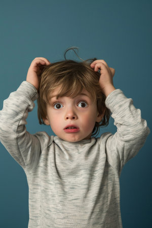 a Caucasian child feeling confused on a studio backgroundの素材