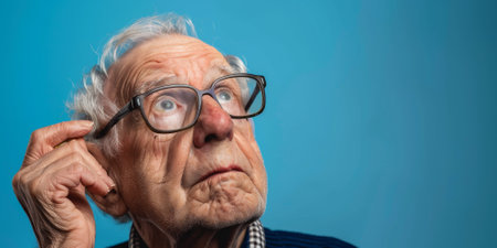 a Caucasian elderly person looking wise on a studio backgroundの素材