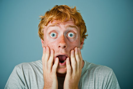 a Caucasian man showing surprise on a studio backgroundの素材