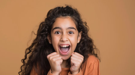 a Hispanic girl showing excitement on a studio backgroundの素材