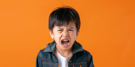 a Japanese boy expressing anger on a studio backgroundの素材