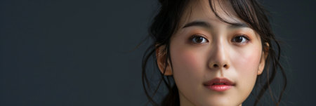 a Japanese woman looking content on a studio backgroundの素材