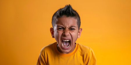 a Hispanic boy expressing anger on a studio backgroundの素材