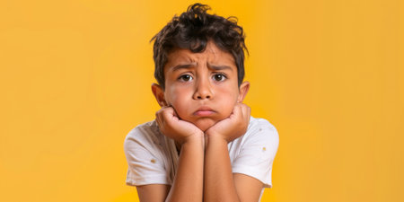 a Hispanic boy expressing sadness on a yellow studio backgroundの素材