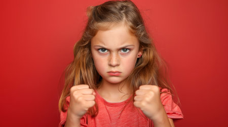 a Caucasian girl showing determination on a studio backgroundの素材