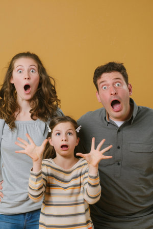 a Caucasian family looking surprised on a studio backgroundの素材