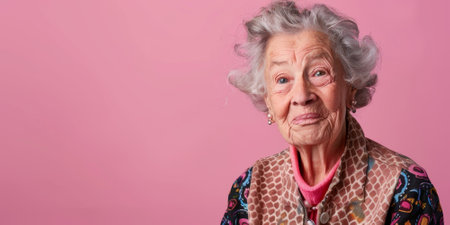 a Caucasian elderly person with a kind expression on a studio backgroundの素材