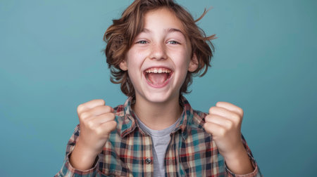 a Caucasian teenager showing excitement on a studio backgroundの素材