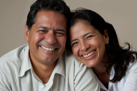 a Hispanic couple laughing together on a studio backgroundの素材