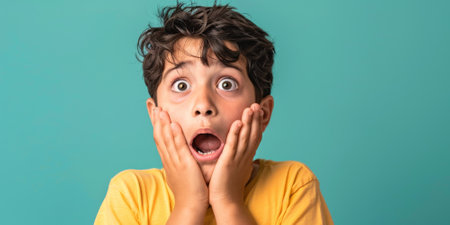 a Hispanic boy expressing fear on a studio backgroundの素材