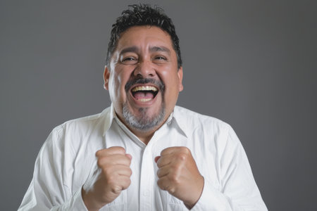 a Hispanic man showing excitement on a studio backgroundの素材