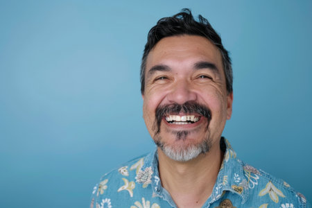 a Hispanic man expressing contentment on a blue studio backgroundの素材