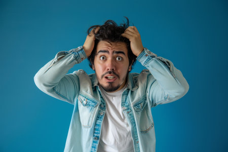a Hispanic man expressing anxiety on a blue studio backgroundの素材