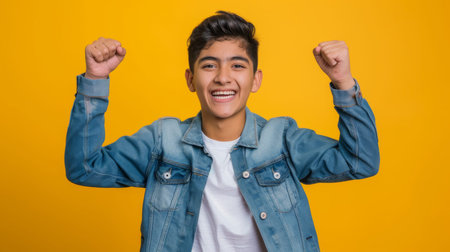 a Hispanic teenager showing excitement on a studio backgroundの素材