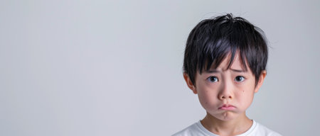 a Japanese boy expressing sadness on a studio backgroundの素材