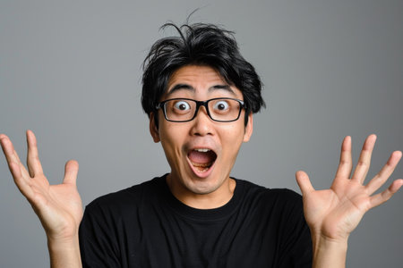 a Japanese man showing surprise on a studio backgroundの素材