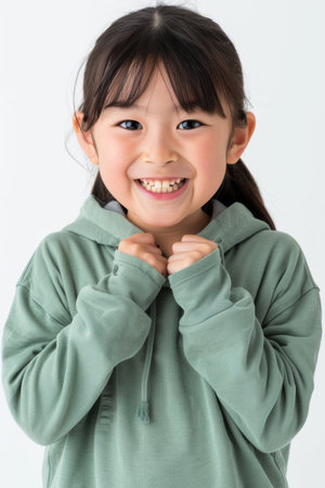 a Japanese child feeling proud on a studio backgroundの素材