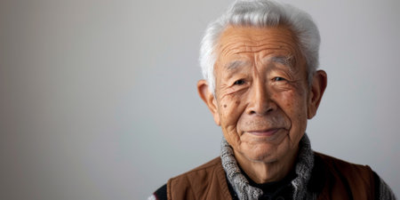 a Japanese elderly person with a kind expression on a studio backgroundの素材