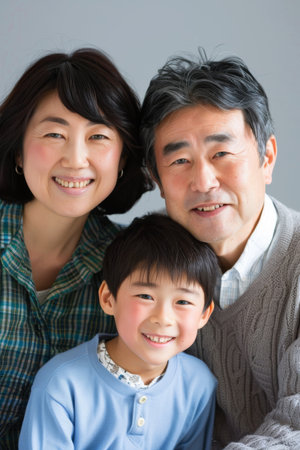 a Japanese family looking happy on a studio backgroundの素材