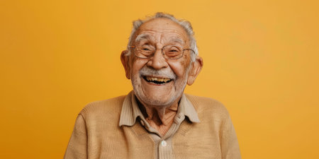 a Hispanic elderly person with a cheerful expression on a yellow studio backgroundの素材