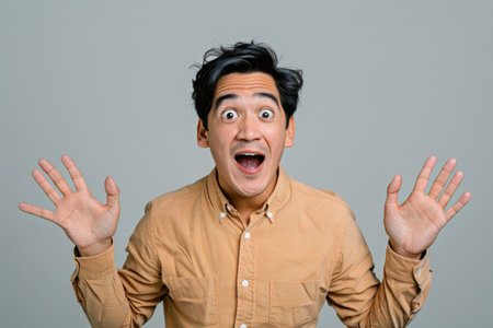 a Hispanic man showing surprise on a studio backgroundの素材