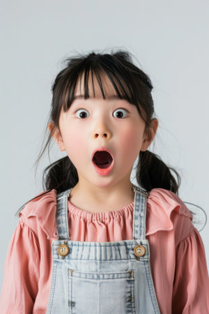 a Japanese child surprised on a studio backgroundの素材