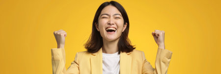 a Japanese woman showing joy on a studio backgroundの素材