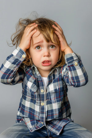 a Caucasian child feeling confused on a studio backgroundの素材