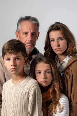 a Caucasian family looking serious on a studio backgroundの素材