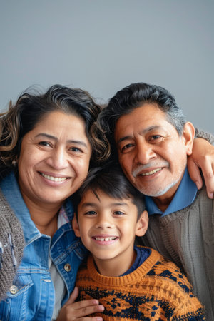 a Hispanic family looking happy on a studio backgroundの素材