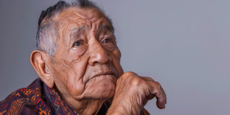 a Hispanic elderly person with a thoughtful expression on a studio backgroundの素材