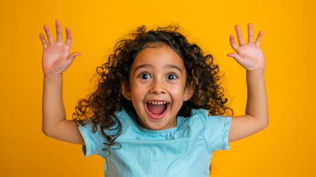 a Hispanic girl showing excitement on a studio backgroundの素材