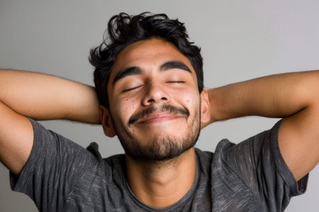 a Hispanic man expressing contentment on a studio backgroundの素材