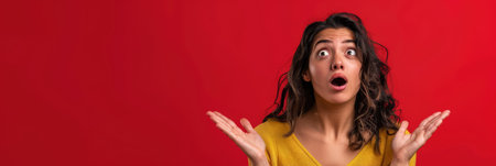 a Hispanic woman showing disbelief on a red studio backgroundの素材