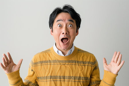 a Japanese man showing surprise on a studio backgroundの素材