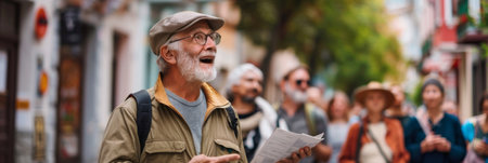a Caucasian retired man leading a local history tourの素材