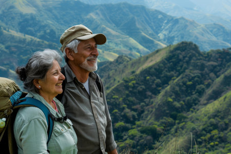 a Hispanic retired couple enjoying a scenic mountain hikeの素材
