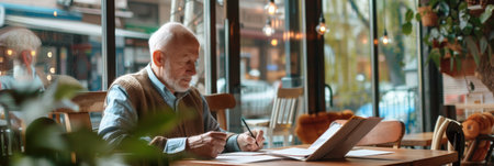 a Caucasian retired man writing poetry in a quaint cafÃÂ©の素材