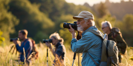 a Caucasian retired man hiking with a photography group, capturing nature shotsの素材