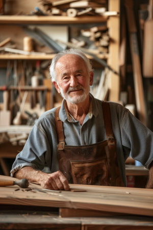 a Caucasian retired man attending a woodworking workshopの素材