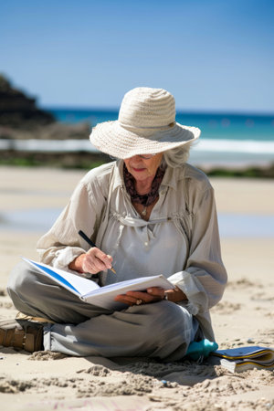 a Caucasian retired woman writing in her journal on a beachの素材