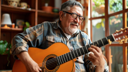 a Hispanic retired man learning to play the guitar at homeの素材