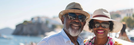an African American retired couple exploring a new city as touristsの素材