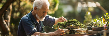 a Caucasian retired man creating a bonsai garden in his backyardの素材
