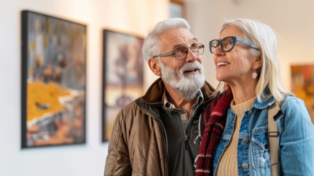 a Caucasian retired couple visiting an art gallery openingの素材