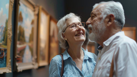 a Caucasian retired couple visiting an art gallery openingの素材