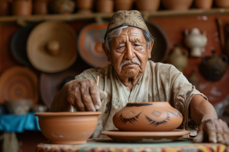 a Hispanic retired man crafting traditional pottery at homeの素材