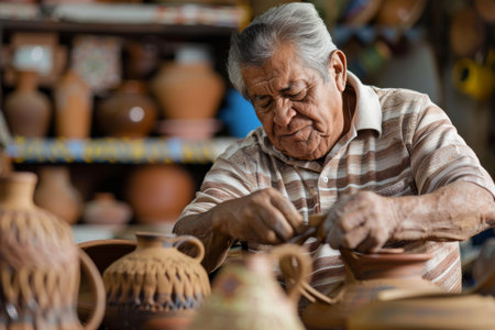 a Hispanic retired man crafting traditional pottery at homeの素材