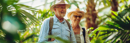 a Caucasian retired couple exploring a botanical gardenの素材