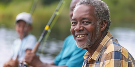 an African American retired man enjoying a fishing trip with familyの素材